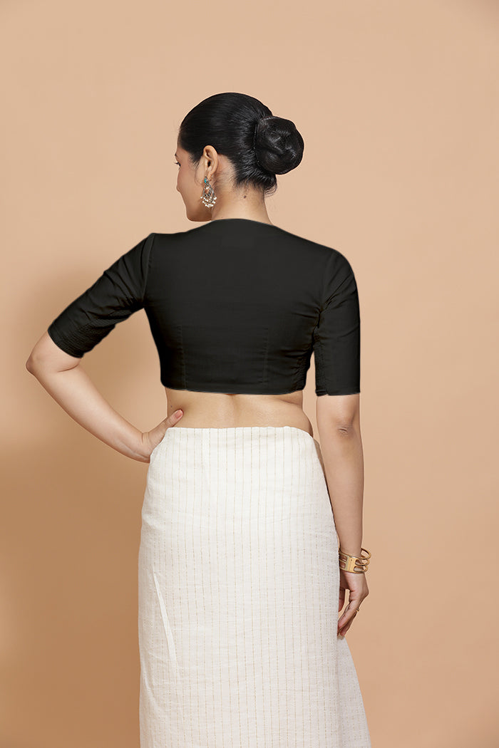 Ananya x Rozaana Saree Blouse, in Black Cotton, featuring elbow sleeves and round neckline, made for daily & work (view 2).
