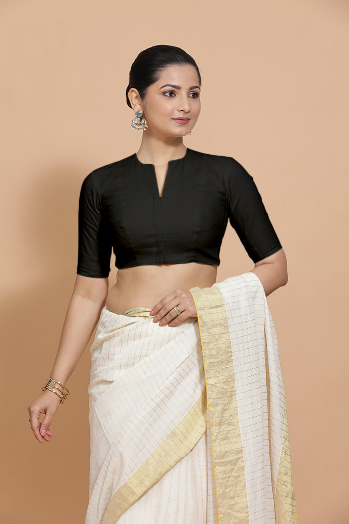 Ananya x Rozaana Saree Blouse, in Black Cotton, featuring elbow sleeves and round neckline, made for daily & work (view 7).