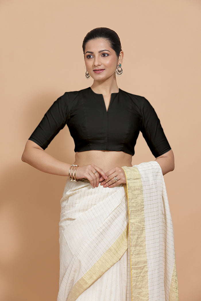 Ananya x Rozaana Saree Blouse, in Black Cotton, featuring elbow sleeves and round neckline, made for daily & work (view 8).