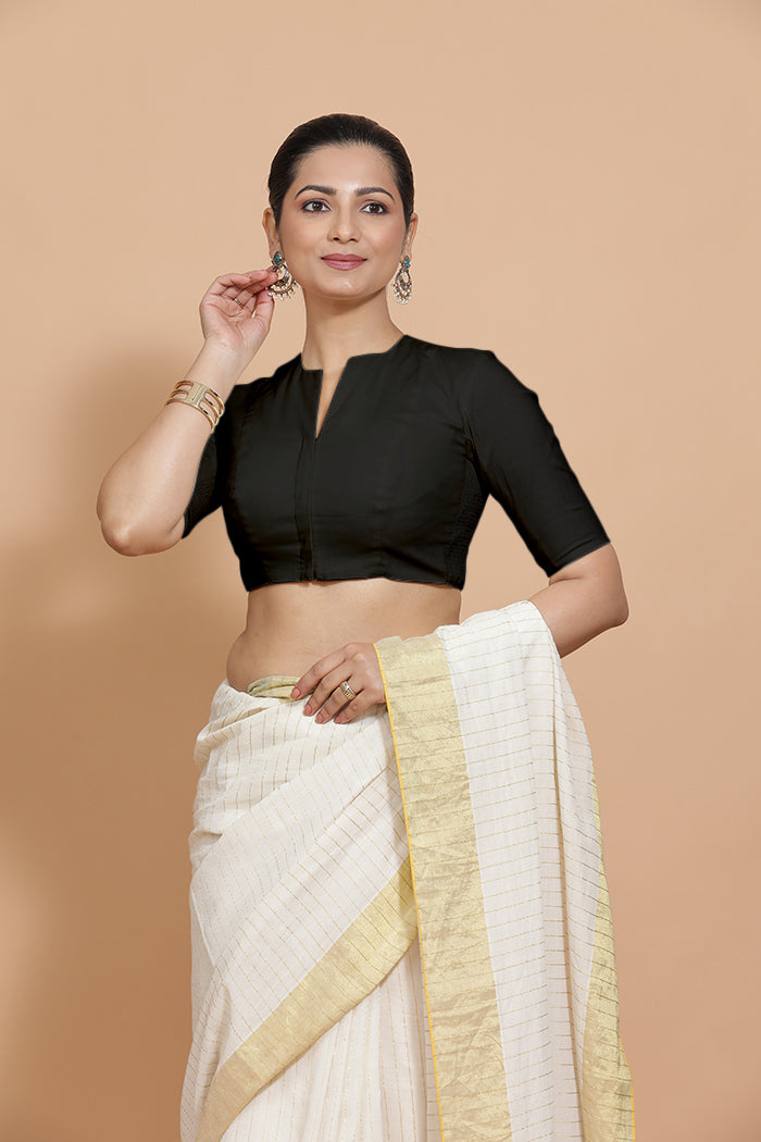 Ananya x Rozaana | Round Neck Black Plain Cotton Saree Blouse-Binks