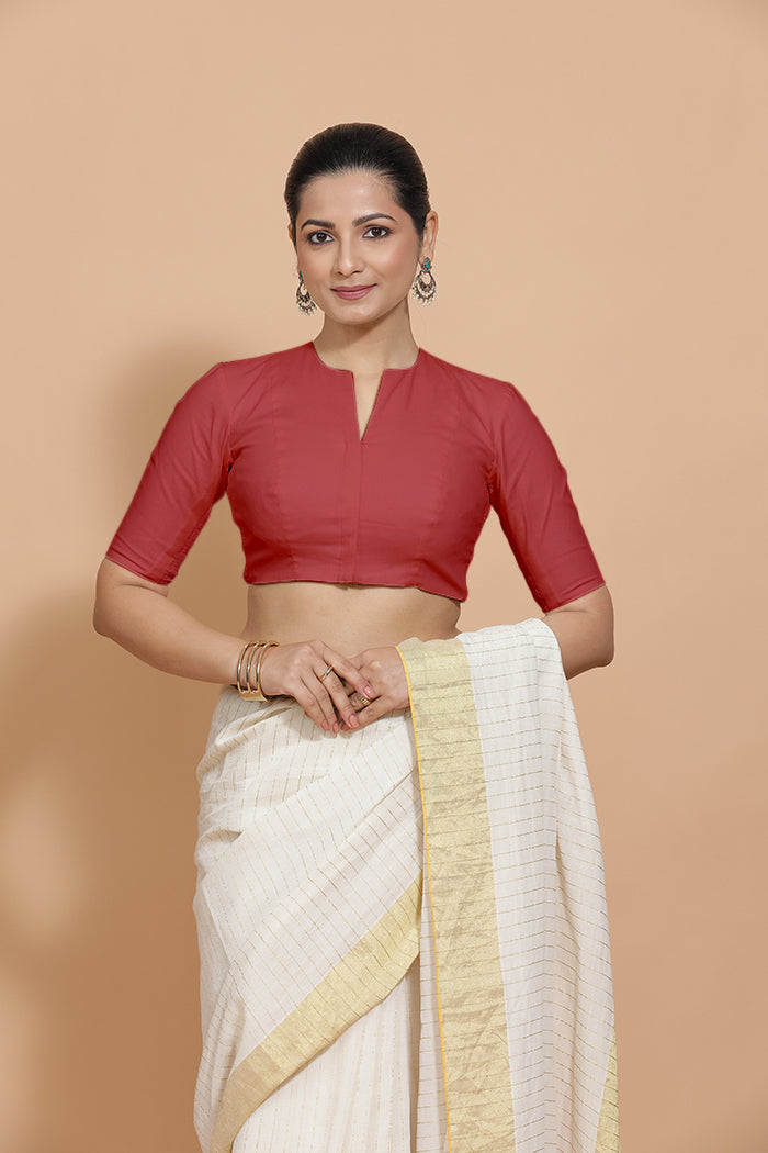 Ananya x Rozaana | Elbow Sleeves Saree Blouse in Carmine Red Plain Cotton-Binks