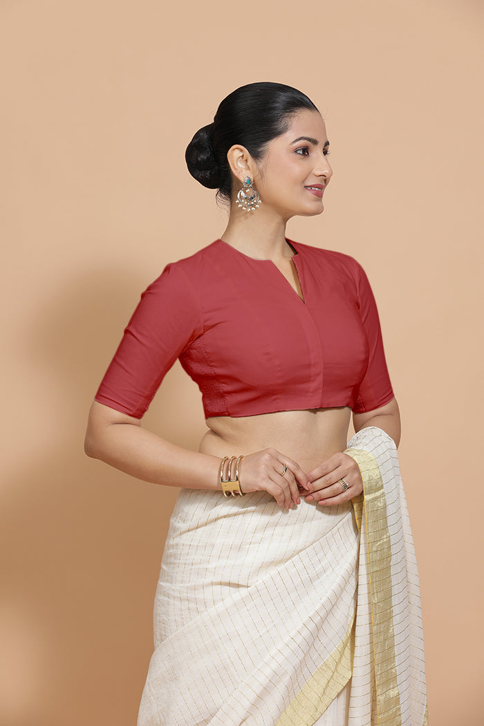 Ananya x Rozaana | Elbow Sleeves Saree Blouse in Carmine Red Plain Cotton-Binks
