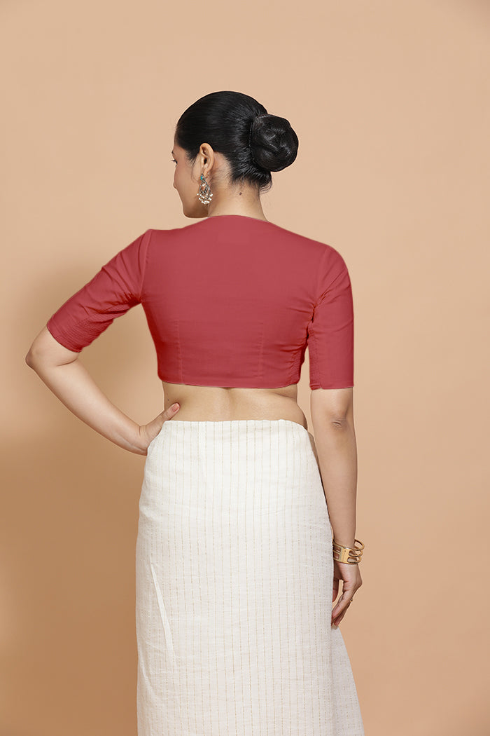 Ananya x Rozaana | Elbow Sleeves Saree Blouse in Carmine Red Plain Cotton-Binks