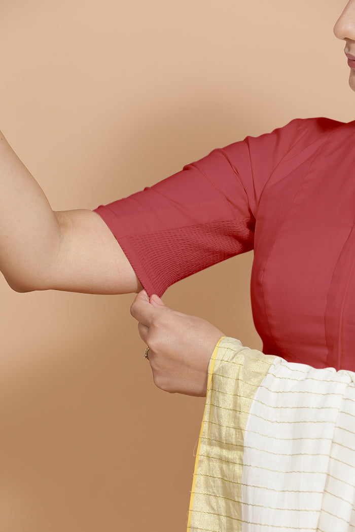 Ananya x Rozaana | Elbow Sleeves Saree Blouse in Carmine Red Plain Cotton-Binks