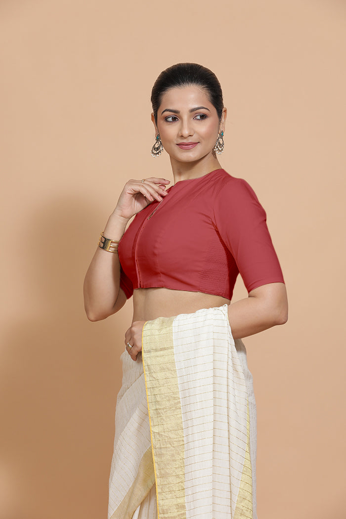 Ananya x Rozaana | Elbow Sleeves Saree Blouse in Carmine Red Plain Cotton-Binks