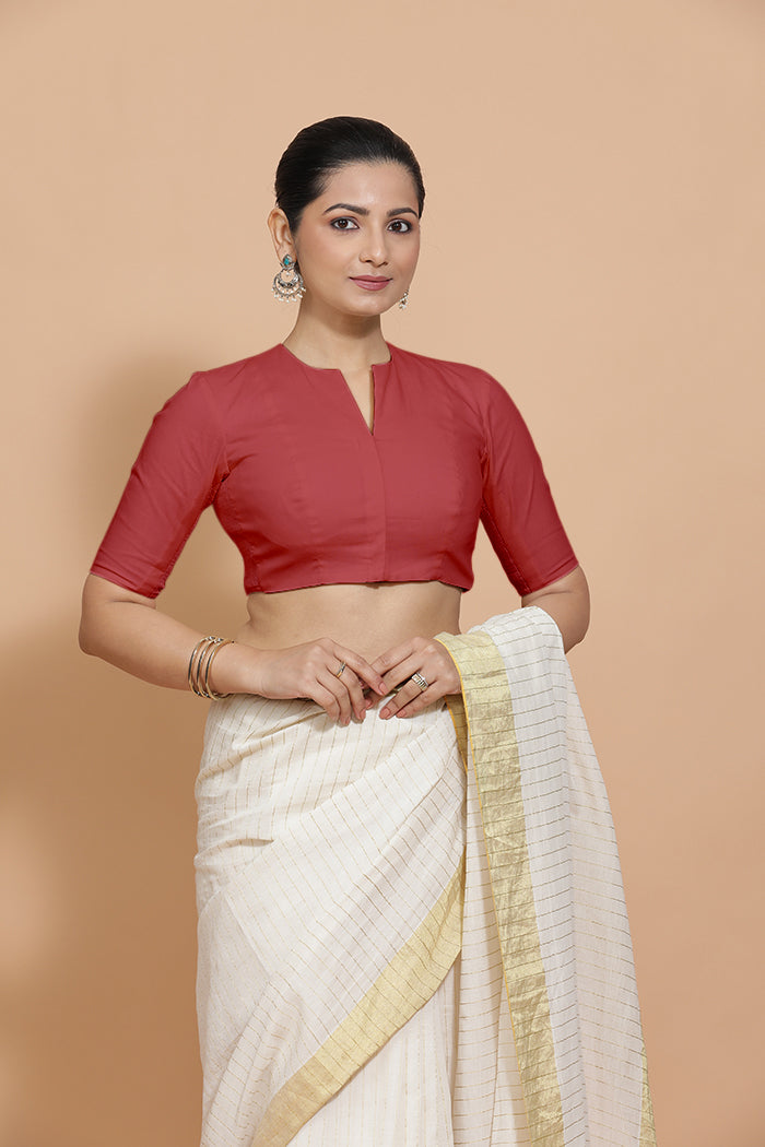 Ananya x Rozaana | Elbow Sleeves Saree Blouse in Carmine Red Plain Cotton-Binks