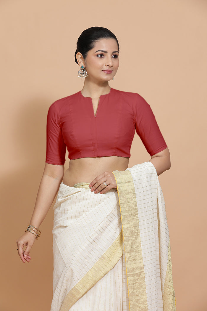 Ananya x Rozaana | Elbow Sleeves Saree Blouse in Carmine Red Plain Cotton-Binks