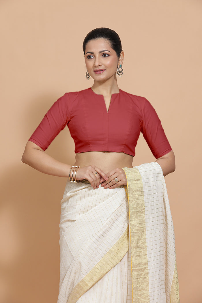 Ananya x Rozaana | Elbow Sleeves Saree Blouse in Carmine Red Plain Cotton-Binks