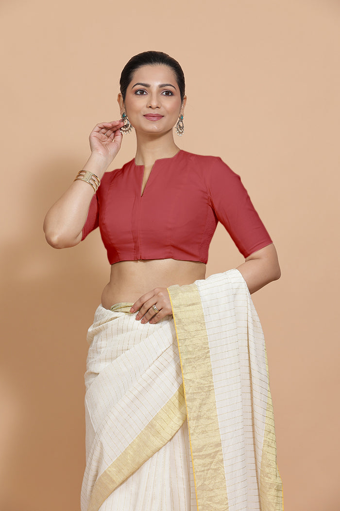 Ananya x Rozaana | Elbow Sleeves Saree Blouse in Carmine Red Plain Cotton-Binks