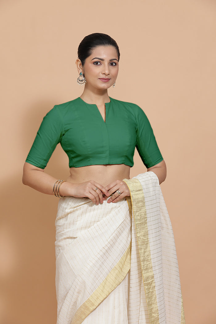 Ananya x Rozaana | Elbow Sleeves Saree Blouse in Castleton Green Plain Cotton