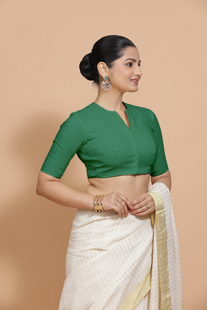 Ananya x Rozaana | Elbow Sleeves Saree Blouse in Castleton Green Plain Cotton-Binks