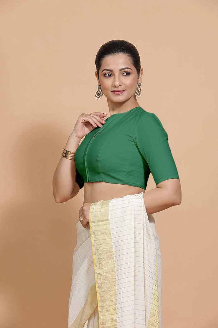 Ananya x Rozaana Saree Blouse, in Green 100% Cotton - Solid, featuring elbow sleeves and round neckline (view 5).