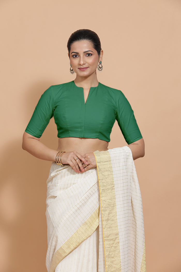 Ananya x Rozaana | Elbow Sleeves Saree Blouse in Castleton Green Plain Cotton-Binks