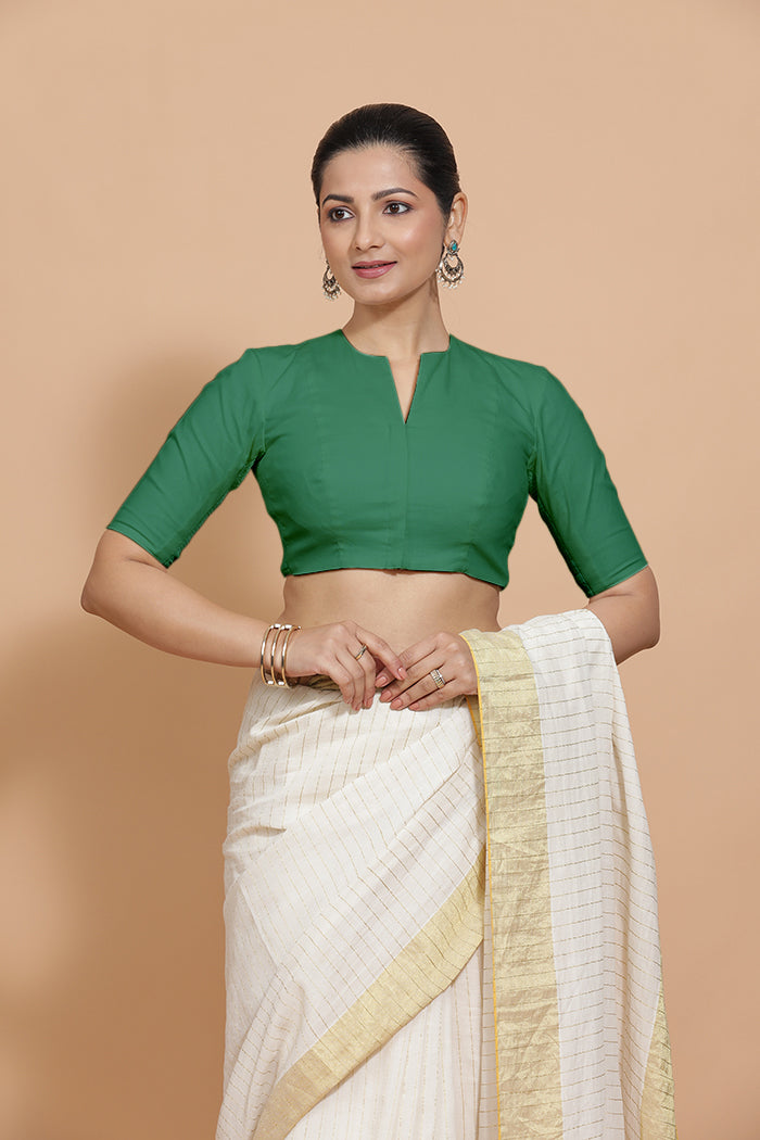 Ananya x Rozaana Saree Blouse, in Green 100% Cotton - Solid, featuring elbow sleeves and round neckline (view 8).