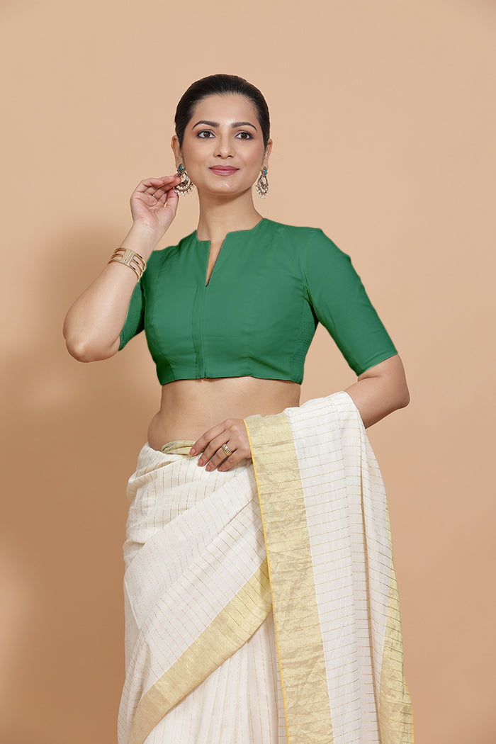 Ananya x Rozaana | Elbow Sleeves Saree Blouse in Castleton Green Plain Cotton-Binks