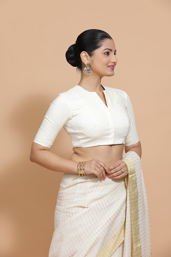 Ananya x Rozaana | Round Neck Ivory Mist Plain Cotton Saree Blouse-Binks