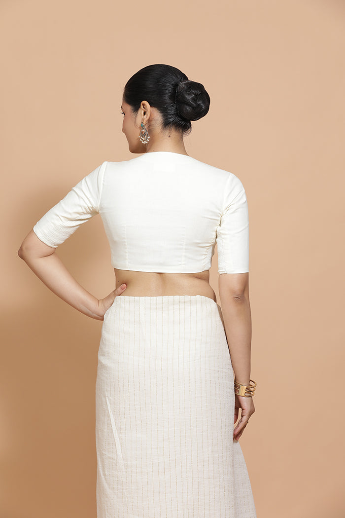 Ananya x Rozaana Saree Blouse, in White Cotton, featuring elbow sleeves and round neckline, made for daily & work (view 2).