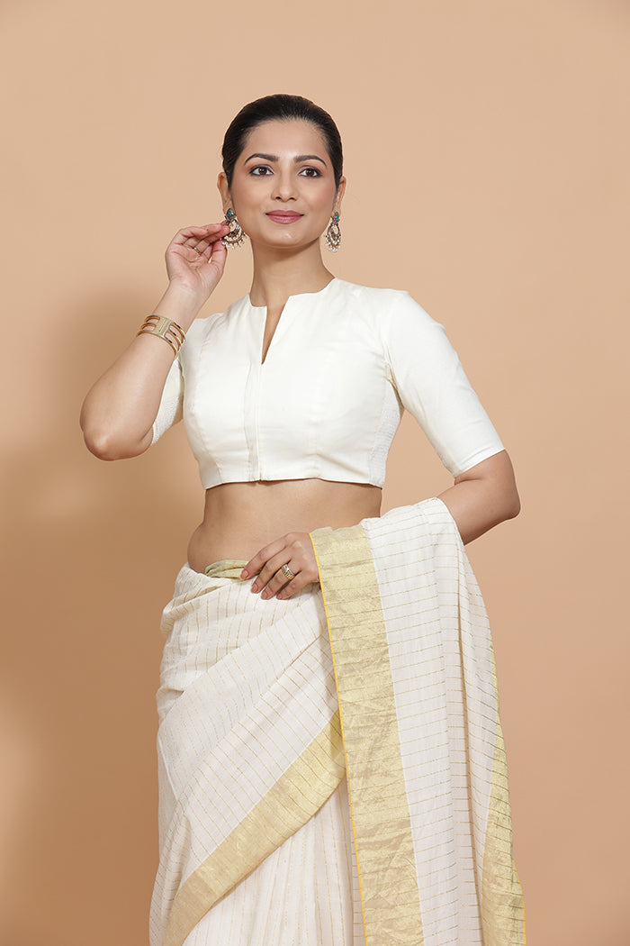 Ananya x Rozaana | Round Neck Ivory Mist Plain Cotton Saree Blouse-Binks