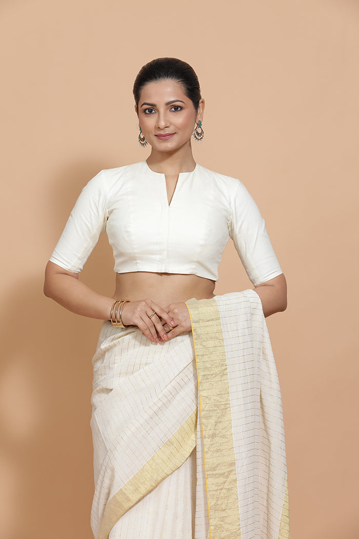 Ananya x Rozaana | Round Neck Ivory Mist Plain Cotton Saree Blouse-Binks