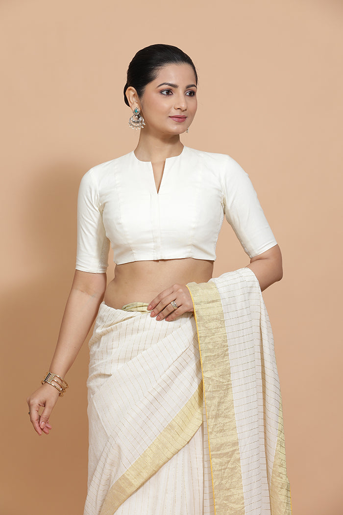 Ananya x Rozaana | Round Neck Ivory Mist Plain Cotton Saree Blouse-Binks