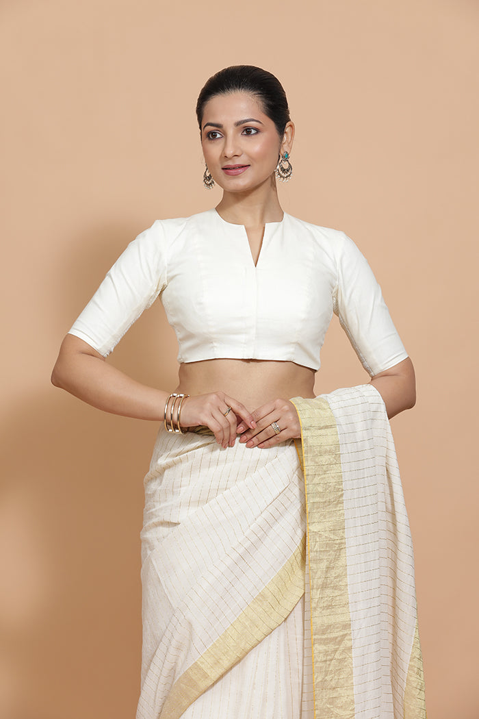 Ananya x Rozaana | Round Neck Ivory Mist Plain Cotton Saree Blouse-Binks