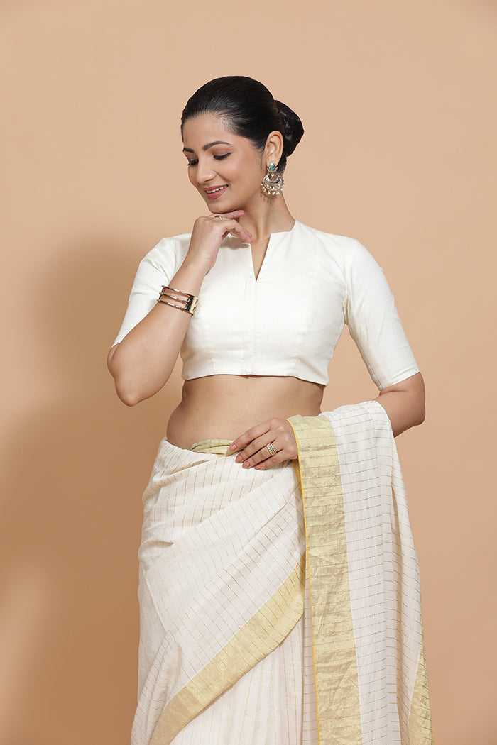 Ananya x Rozaana | Round Neck Ivory Mist Plain Cotton Saree Blouse-Binks