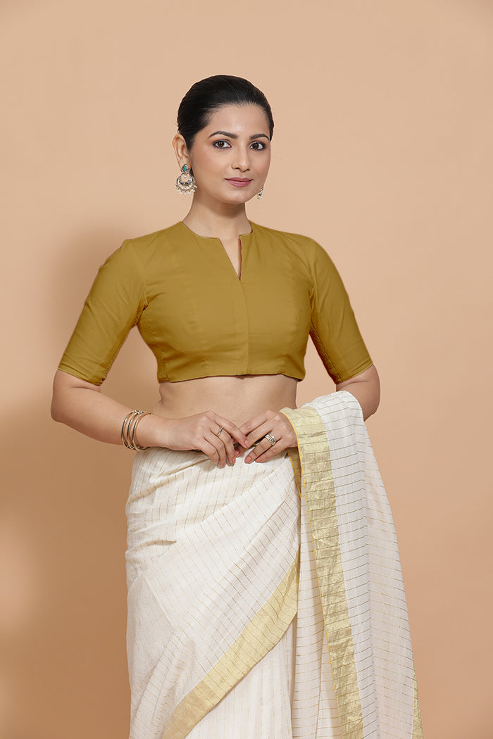 Ananya x Rozaana | Round Neck Khaki Plain Cotton Saree Blouse-Binks