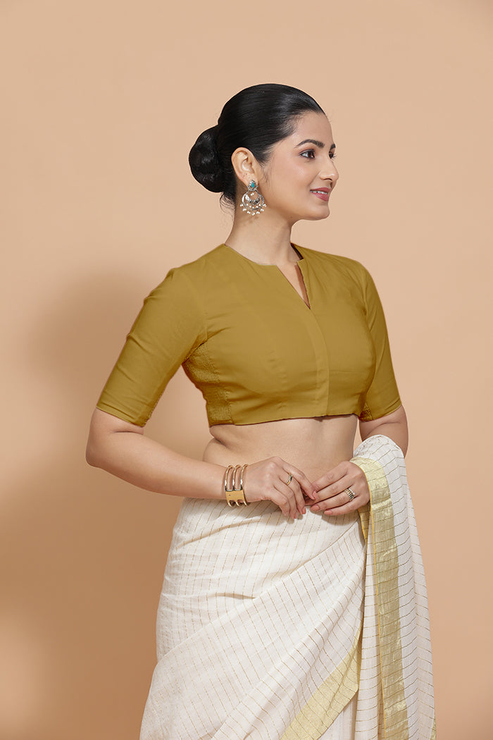 Ananya x Rozaana | Round Neck Khaki Plain Cotton Saree Blouse-Binks