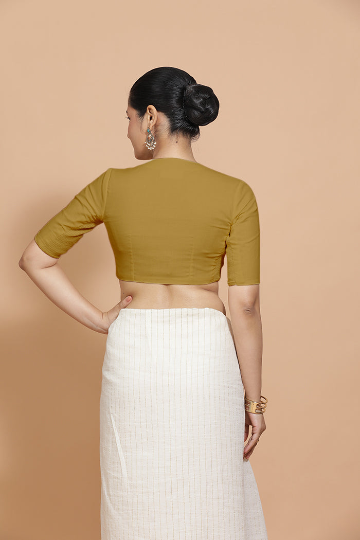 Ananya x Rozaana Saree Blouse, in Yellow Cotton, featuring elbow sleeves and round neckline, made for daily & work (view 2).