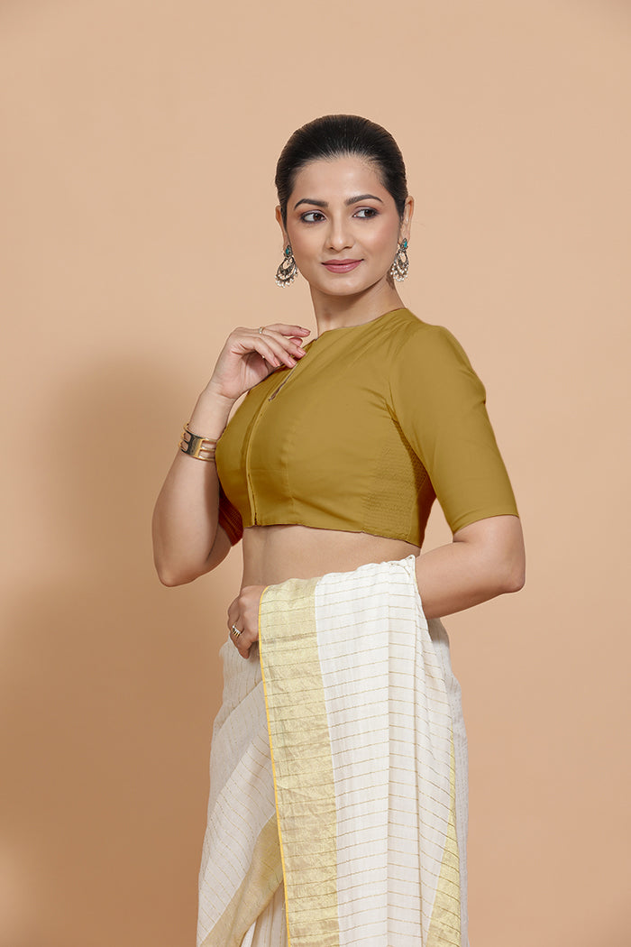 Ananya x Rozaana Saree Blouse, in Yellow Cotton, featuring elbow sleeves and round neckline, made for daily & work (view 5).