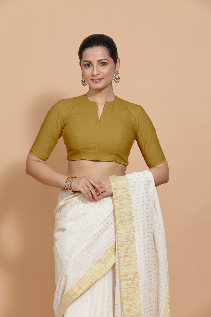 Ananya x Rozaana | Round Neck Khaki Plain Cotton Saree Blouse-Binks