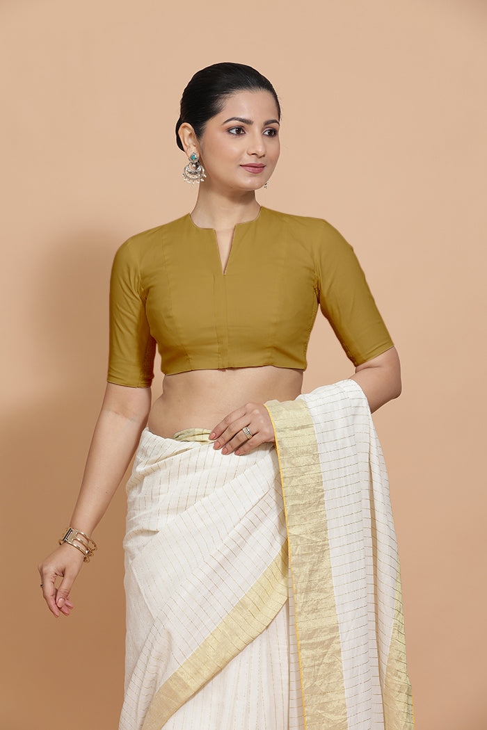 Ananya x Rozaana | Round Neck Khaki Plain Cotton Saree Blouse-Binks