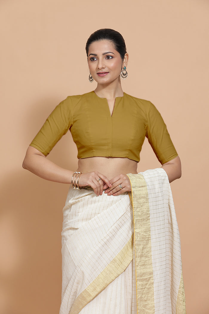 Ananya x Rozaana | Round Neck Khaki Plain Cotton Saree Blouse-Binks