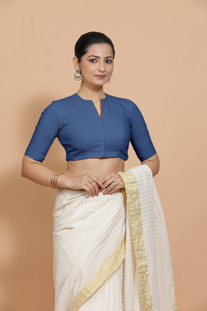 Ananya x Rozaana | Elbow Sleeves Saree Blouse in Lapis Blue Plain Cotton-Binks