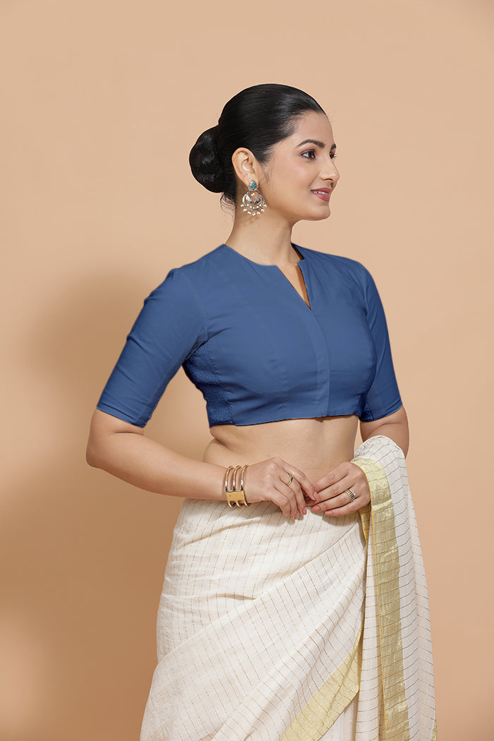 Ananya x Rozaana | Elbow Sleeves Saree Blouse in Lapis Blue Plain Cotton-Binks