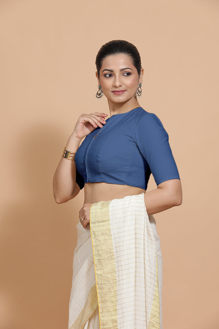 Ananya x Rozaana Saree Blouse, in Blue 100% Cotton - Solid, featuring elbow sleeves and round neckline (view 5).