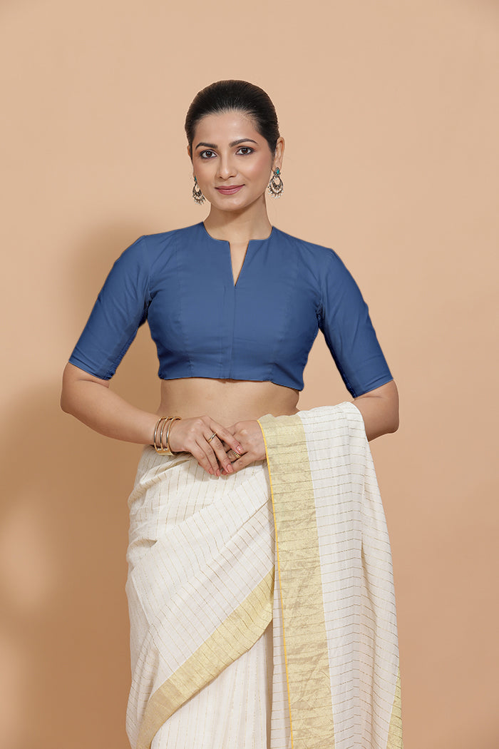 Ananya x Rozaana Saree Blouse, in Blue 100% Cotton - Solid, featuring elbow sleeves and round neckline (view 6).