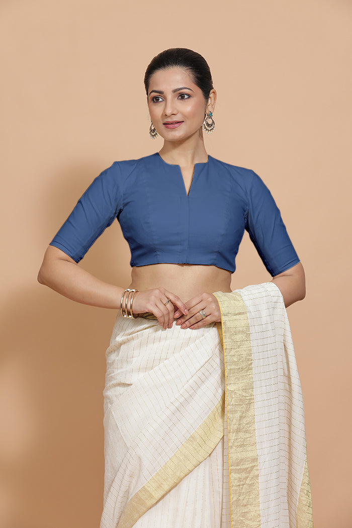 Ananya x Rozaana Saree Blouse, in Blue 100% Cotton - Solid, featuring elbow sleeves and round neckline (view 8).