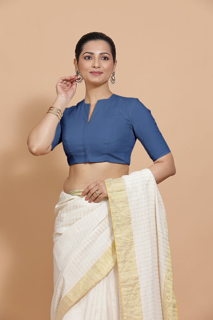 Ananya x Rozaana | Elbow Sleeves Saree Blouse in Lapis Blue Plain Cotton-Binks