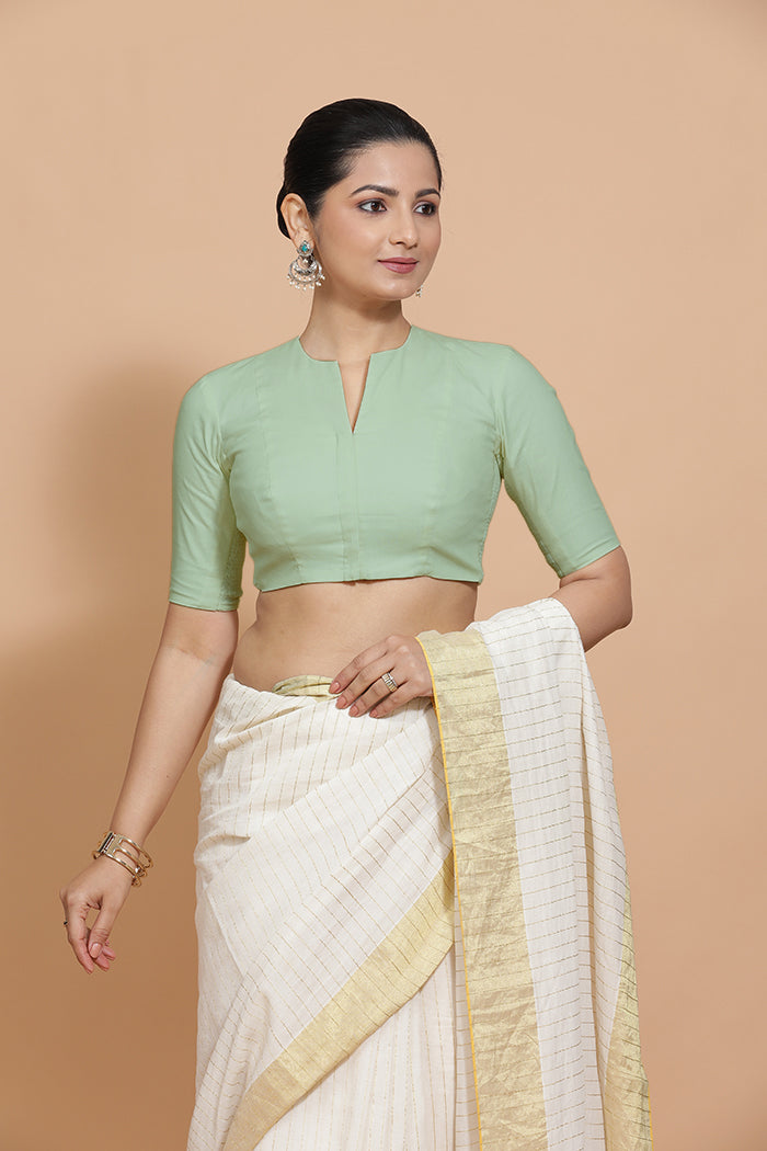 Ananya x Rozaana | Round Neck Light Sage Plain Cotton Saree Blouse-Binks