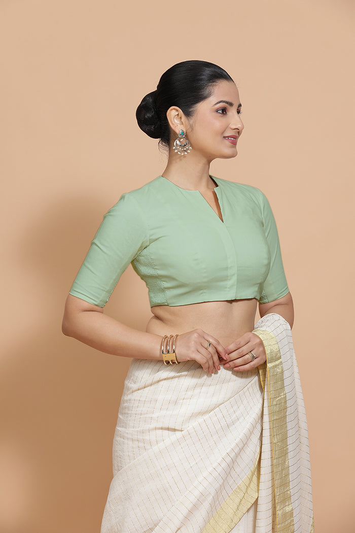 Ananya x Rozaana | Round Neck Light Sage Plain Cotton Saree Blouse-Binks