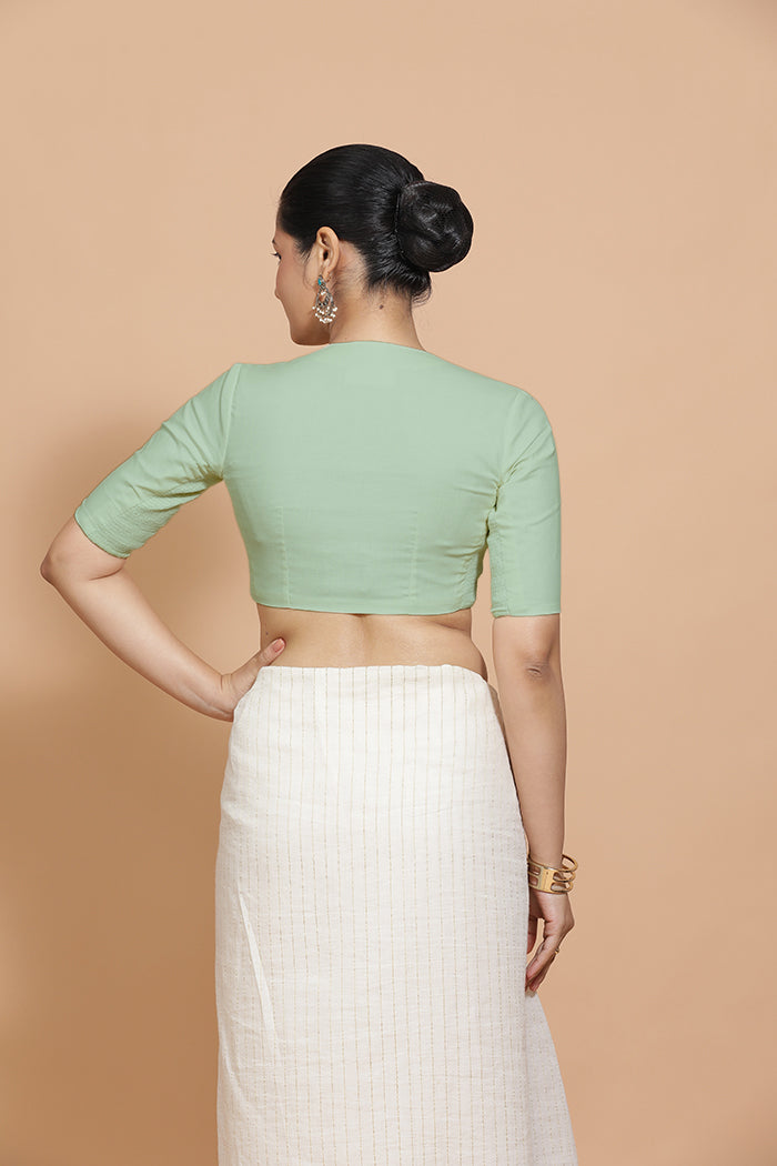 Ananya x Rozaana Saree Blouse, in Green Cotton, featuring elbow sleeves and round neckline, made for daily & work (view 2).