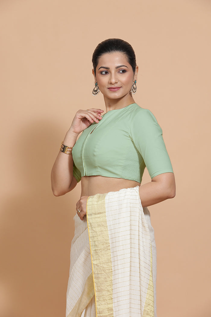 Ananya x Rozaana Saree Blouse, in Green Cotton, featuring elbow sleeves and round neckline, made for daily & work (view 5).