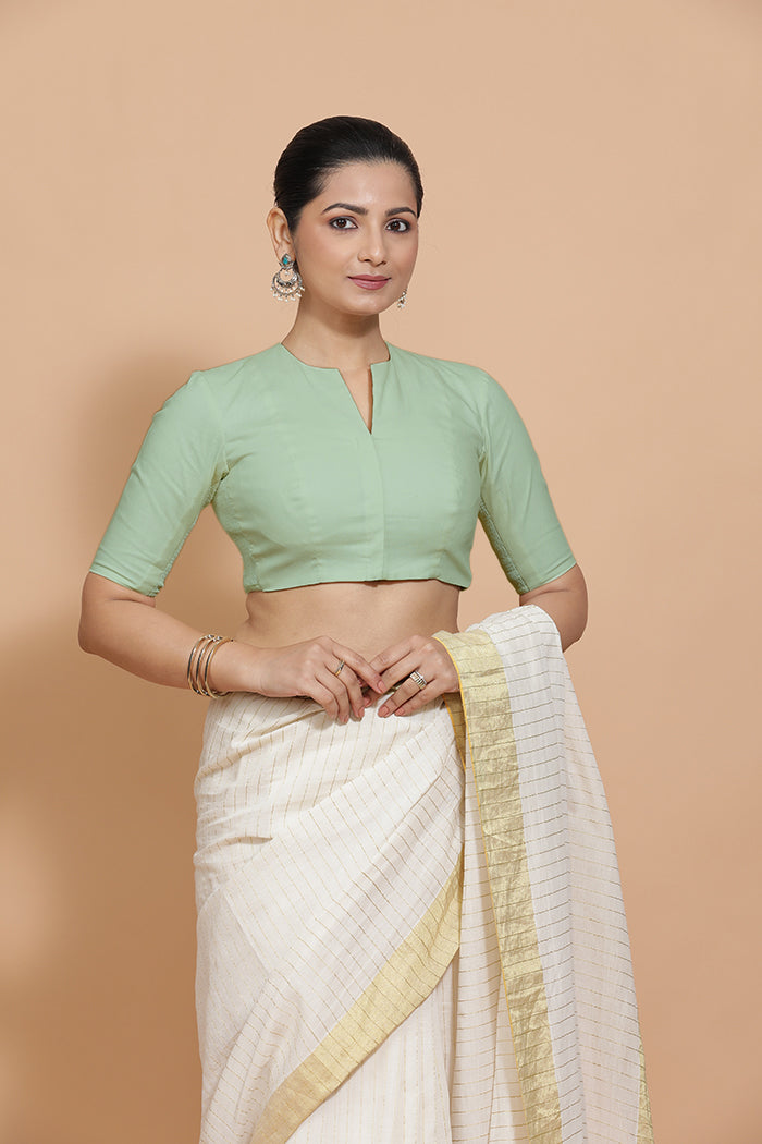 Ananya x Rozaana | Round Neck Light Sage Plain Cotton Saree Blouse-Binks