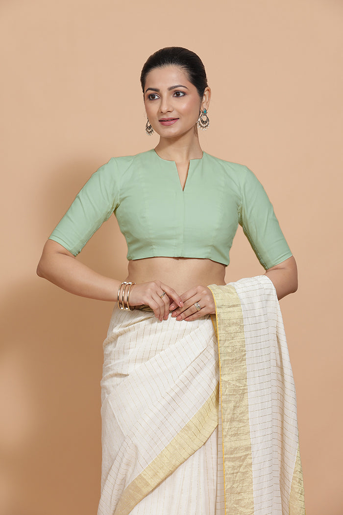 Ananya x Rozaana Saree Blouse, in Green Cotton, featuring elbow sleeves and round neckline, made for daily & work (view 8).