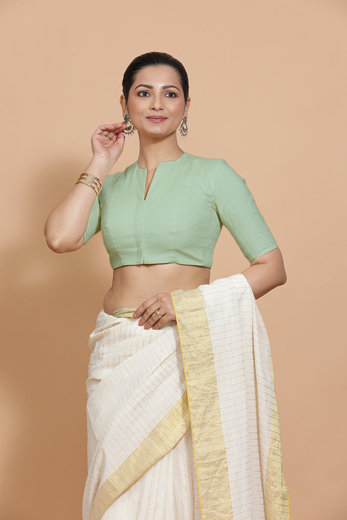 Ananya x Rozaana | Round Neck Light Sage Plain Cotton Saree Blouse-Binks