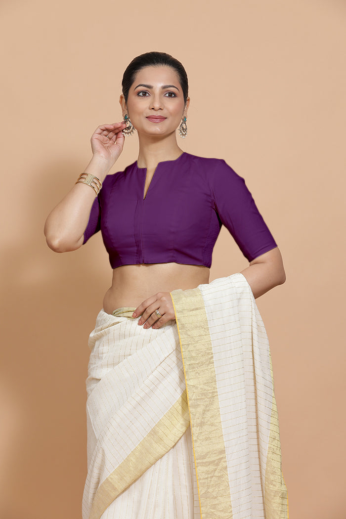 Ananya x Rozaana Saree Blouse, in Purple Cotton, featuring elbow sleeves and round neckline, made for daily & work (view 8).