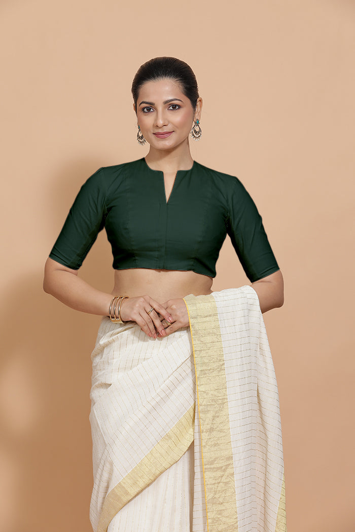 Ananya x Rozaana | Round Neck Moss Green Plain Cotton Saree Blouse-Binks