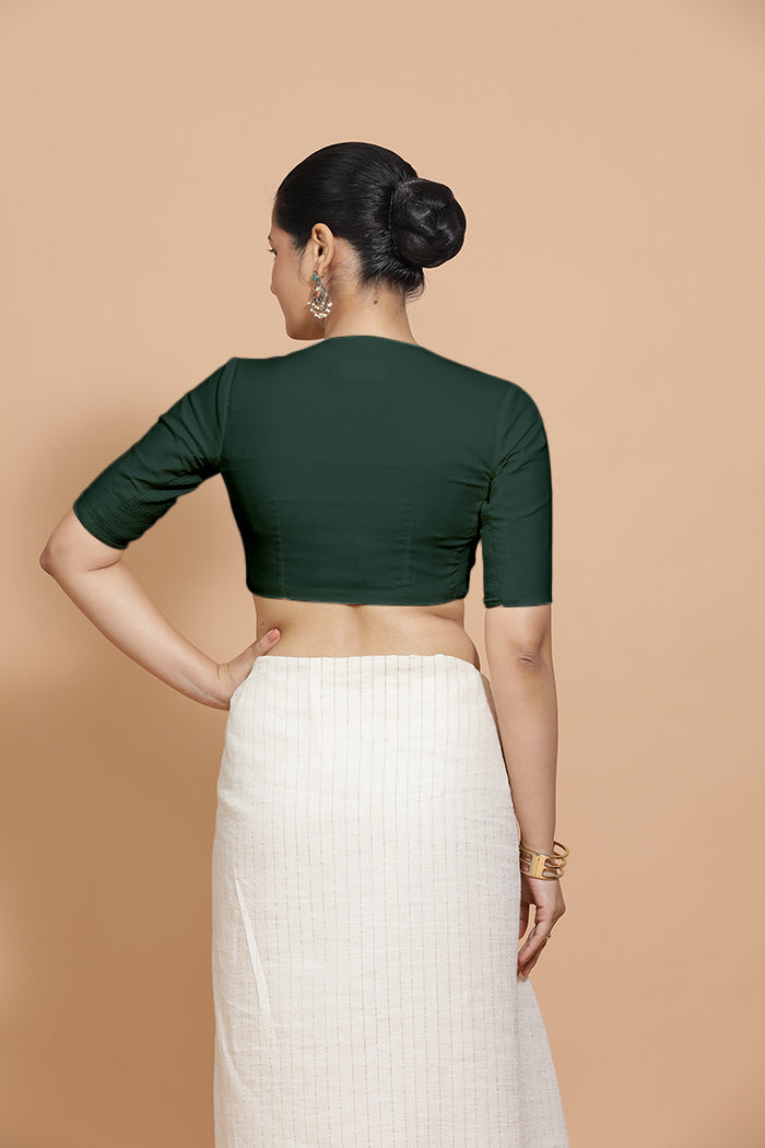 Ananya x Rozaana Saree Blouse, in Green Cotton, featuring elbow sleeves and round neckline, made for daily & work (view 2).