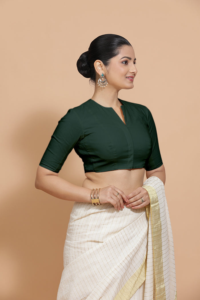 Ananya x Rozaana | Round Neck Moss Green Plain Cotton Saree Blouse-Binks